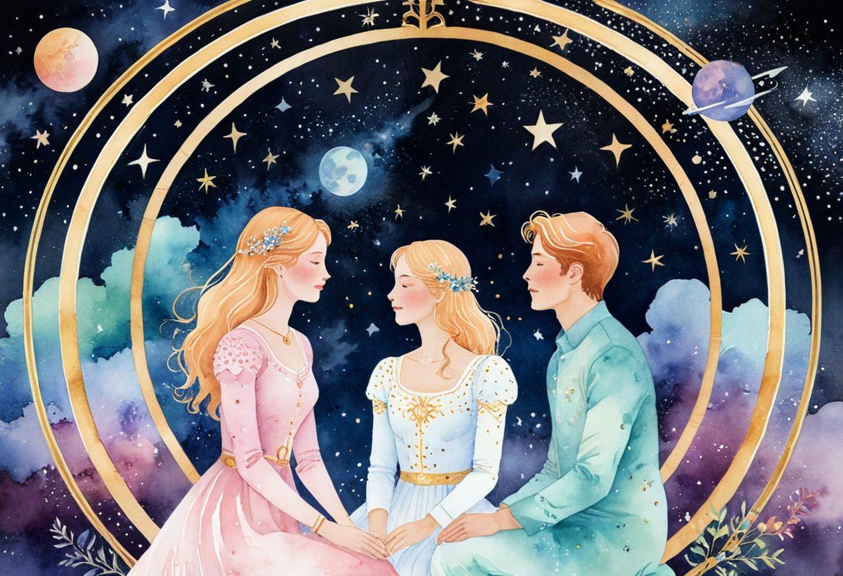 A cosmic scene featuring two intertwined zodiac symbols representing love and partnership, surrounded by dreamy, twinkling stars and astrological charts. In the foreground, a couple joyfully discussing their insurance choices under a celestial night sky, symbolizing security and commitment. Include soft pastel colors to evoke a romantic atmosphere. celestial art. vibrant colors. watercolor style.