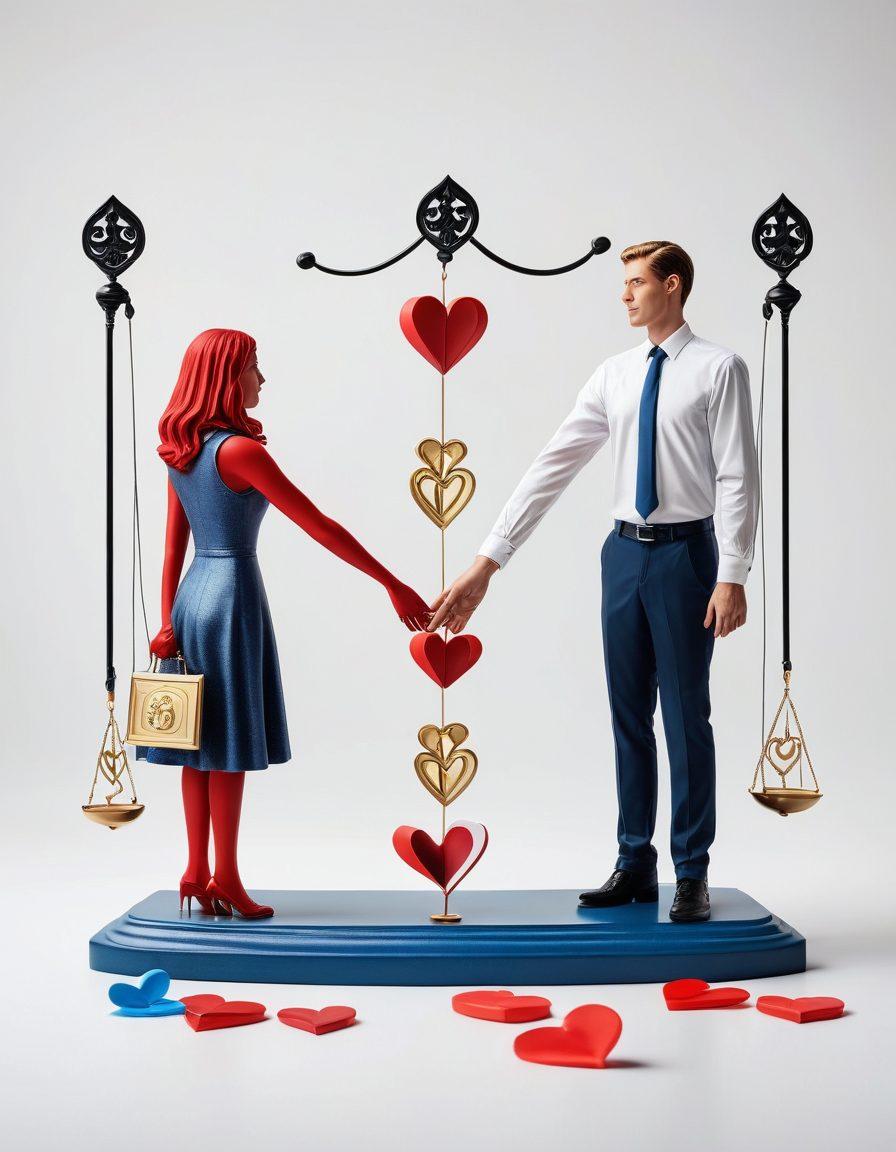 A couple holding hands, surrounded by floating insurance symbols like hearts, shields, and dollar signs. The background features a balanced scale with one side showing love symbols and the other representing security and stability. Bright colors to evoke warmth and trust, with an ambiance of harmony and positivity. super-realistic. vibrant colors. white background.