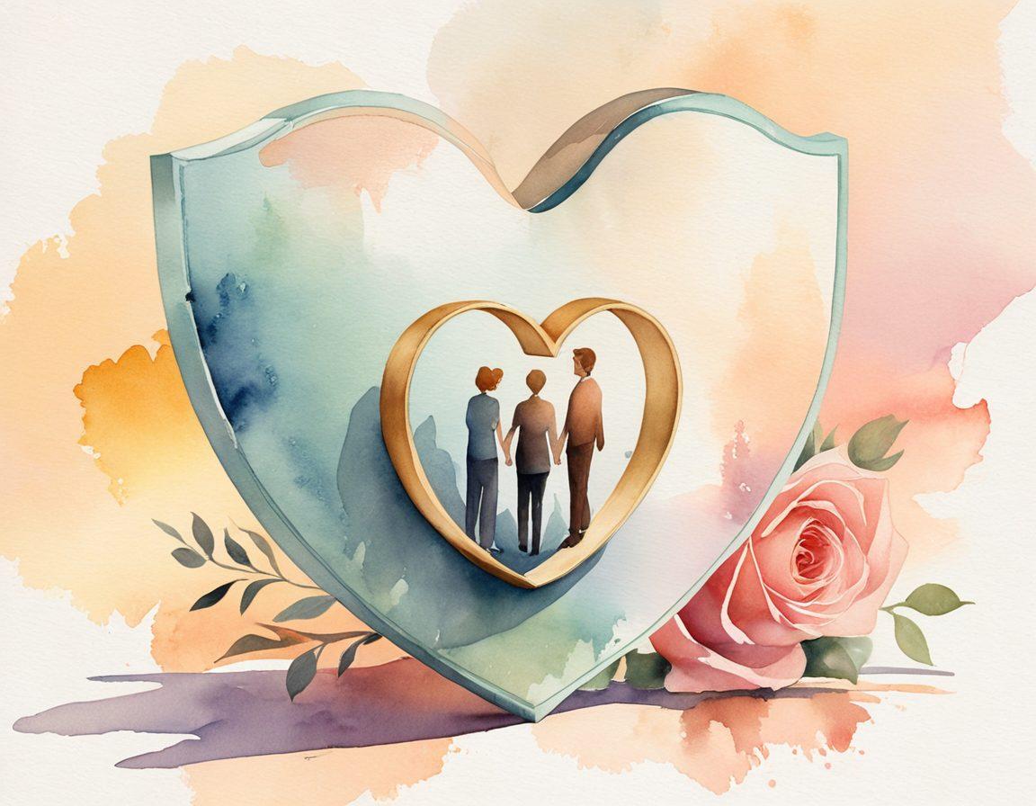 A heart-shaped shield symbolizing protection and love, surrounded by various relationship icons like wedding rings and family silhouettes. In the background, soft pastel colors blend harmoniously, representing a warm and secure atmosphere. Overlay subtle elements of insurance documents to merge the themes of love and protection, creating a sense of safety in relationships. watercolor painting. soft focus.